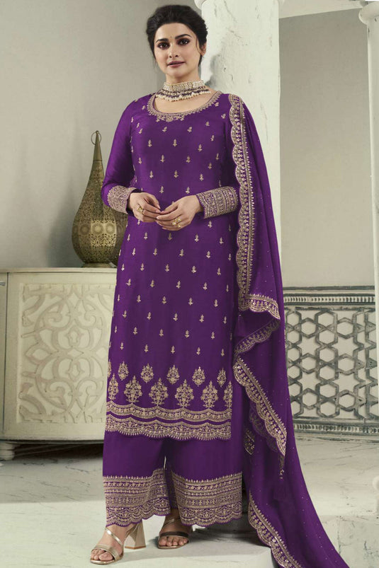 Prachi Desai Georgette Silk Beatific Embroidered Palazzo Suit In Purple Color