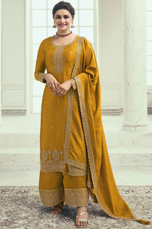 Prachi Desai Mustard Color Function Look Palazzo Suit In Georgette Silk Fabric