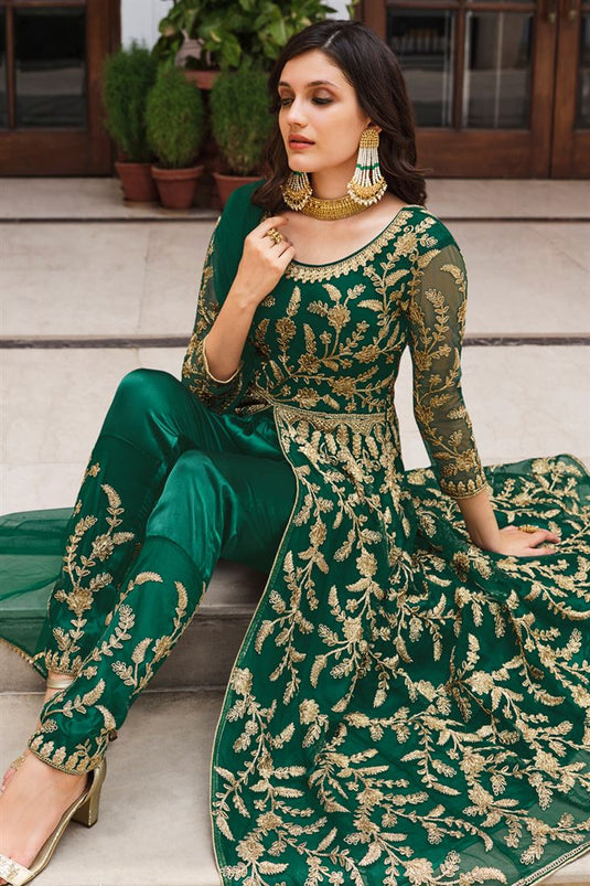 Captivating Net Fabric Embroidered Salwar Suit In Green Color