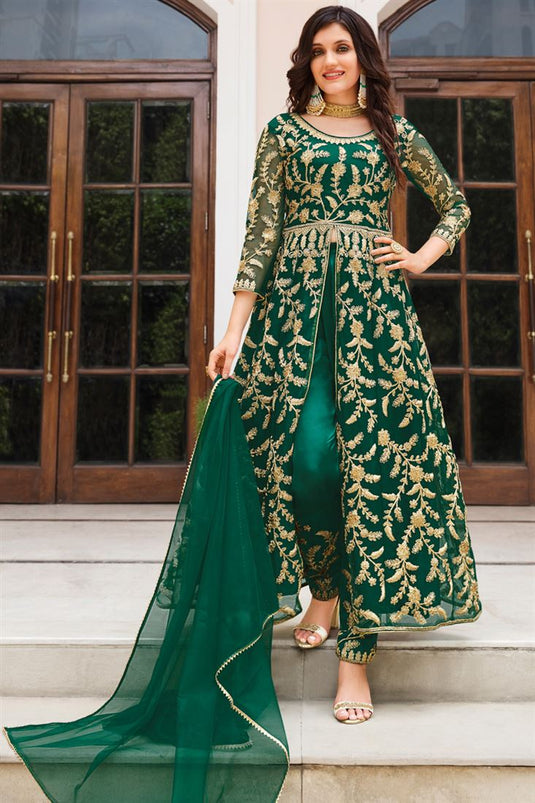 Captivating Net Fabric Embroidered Salwar Suit In Green Color