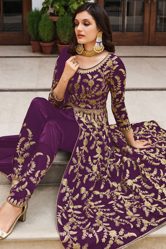 Purple Color Fantastic Net Fabric Embroidered Salwar Suit