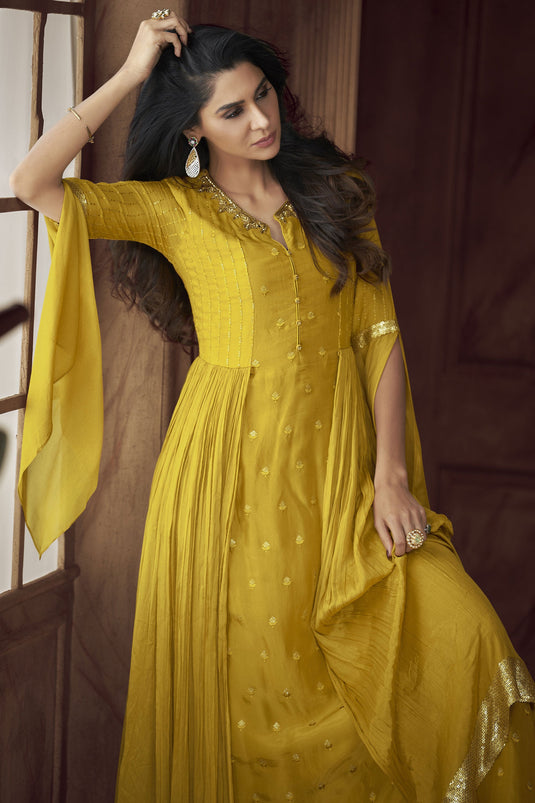 Dimple Sharma Yellow Color Readymade Embellished Georgette Gown