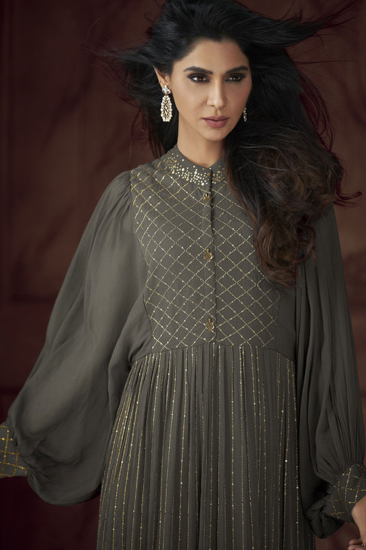 Dimple Sharma Grey Color Ravishing Readymade Georgette Gown