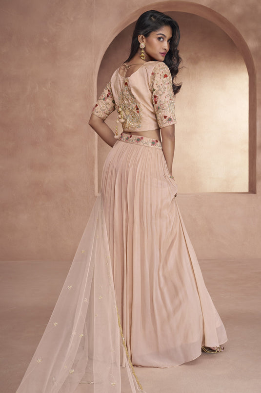 Art Silk Wedding Wear 3 Piece Readymade Lehenga In Peach With Embroidery Work