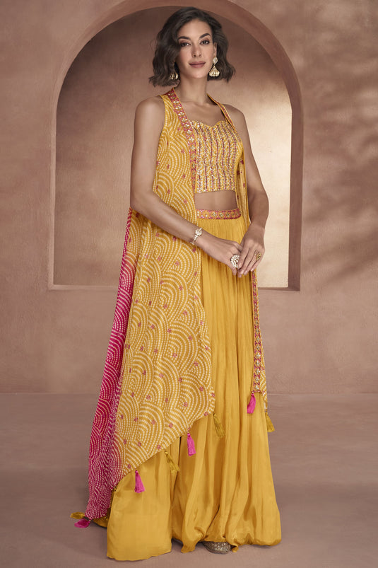 Yellow Art Silk Reception Wear Readymade Lehenga Choli With Embroidery Work