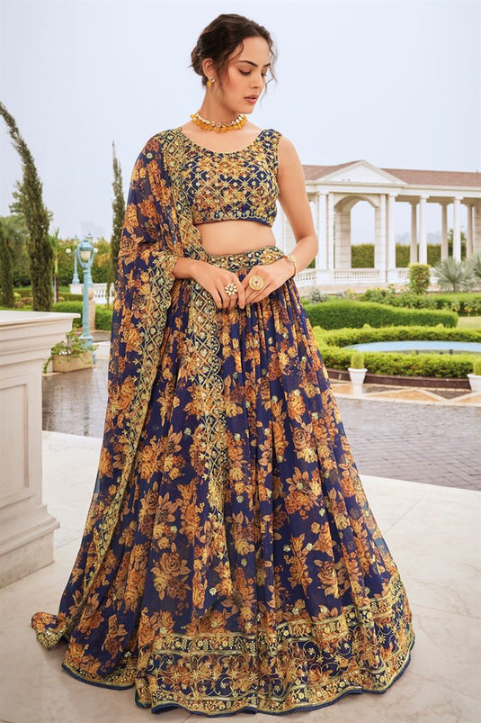 Himanshi Parashar Georgette Fabric Captivating Navy Blue Color Lehenga