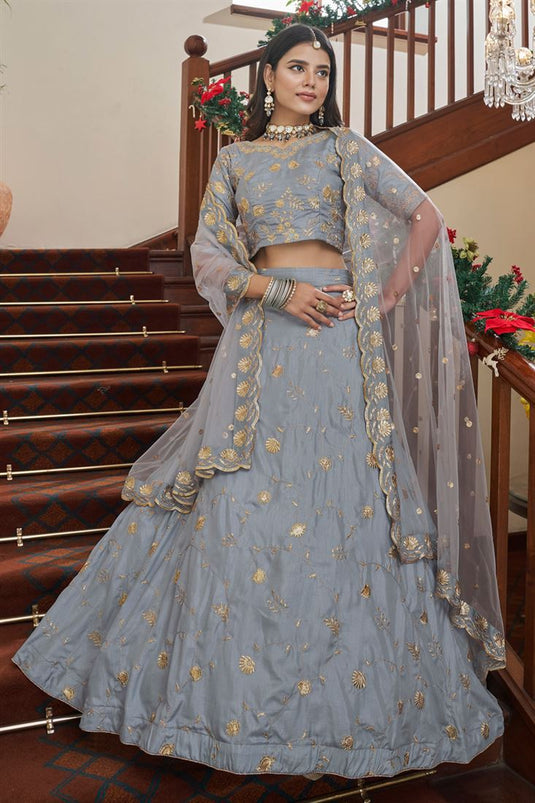 Bridal Lehnga Choli - Grey Silk Bridal Lehenga Choli With Heavy Thread  Embroidery And Stone Work