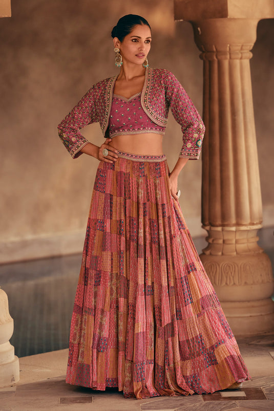 Chinon Fabric Pink Color Wedding Wear Readymade Indo Western Lehenga With Jacket