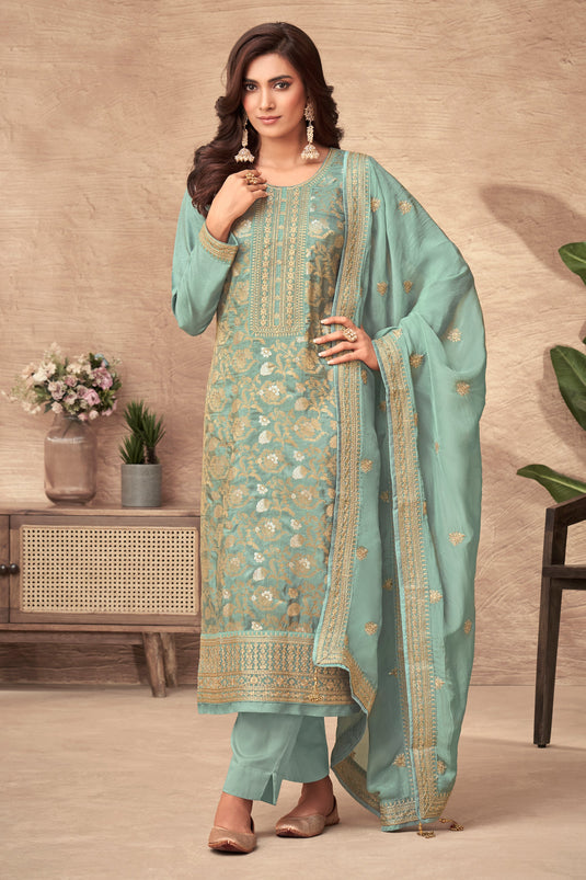 Viscose Fabric Embroidered Function Wear Long Straight Cut Salwar Suit In Cyan Color