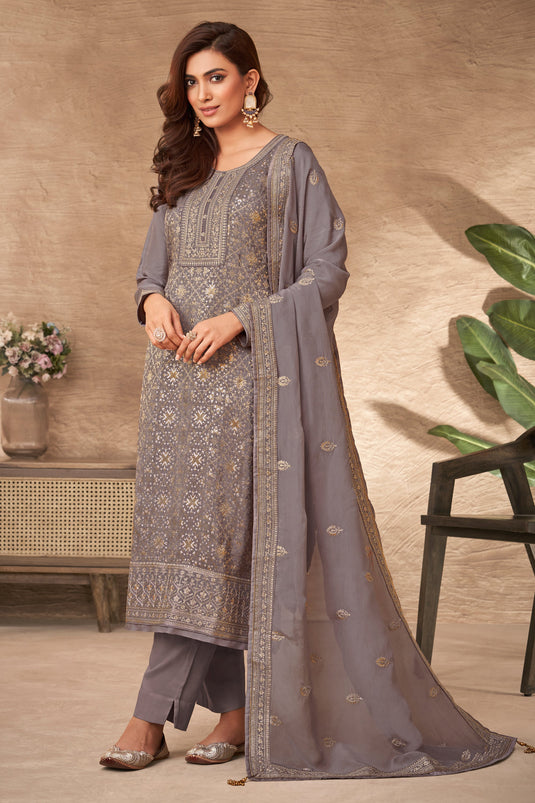 Lavender Color Function Wear Embroidered Long Straight Cut Salwar Suit In Viscose Fabric
