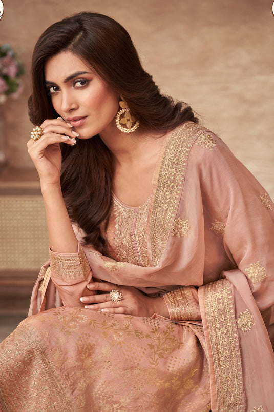 Festive Wear Embroidered Viscose Fabric Long Straight Cut Suit In Peach Color