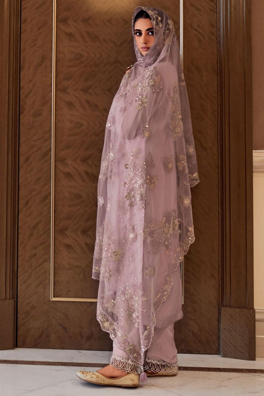 Embroidered Organza Fabric Lavender Color Wonderful Salwar Suit