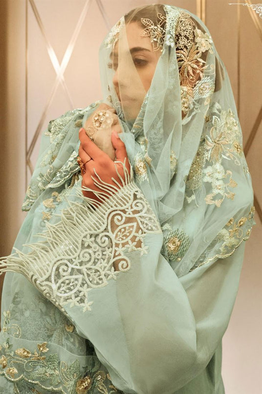 Organza Fabric Light Cyan Color Embroidered Stunning Salwar Suit