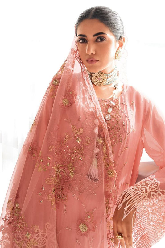 Organza Fabric Embroidered Bewitching Pink Color Salwar Suit
