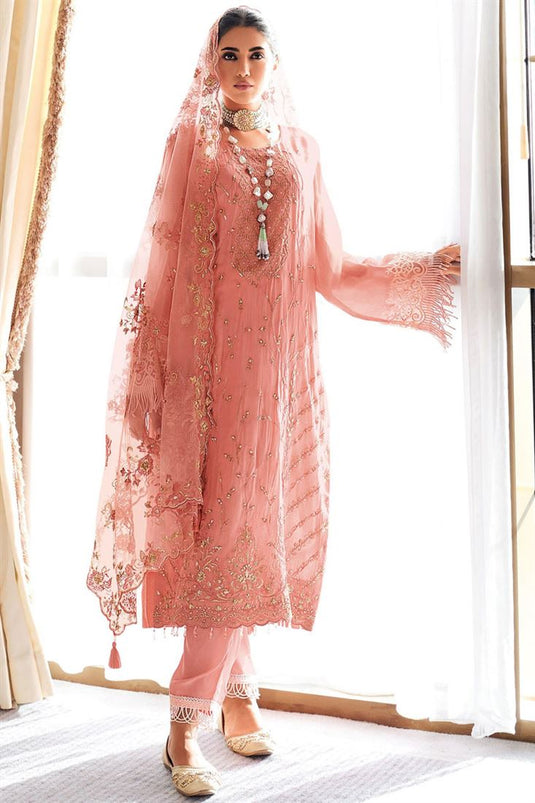 Organza Fabric Embroidered Bewitching Pink Color Salwar Suit