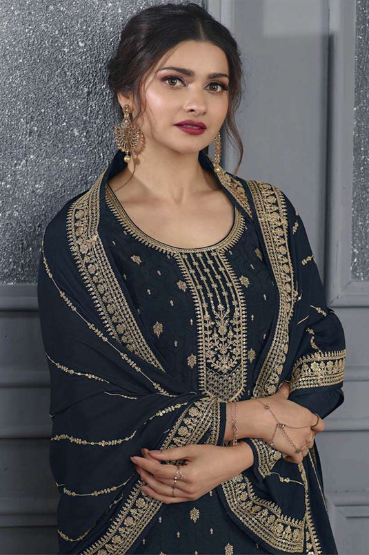 Prachi Desai Navy Blue Color Jacquard Fabric Appealing Palazzo Suit