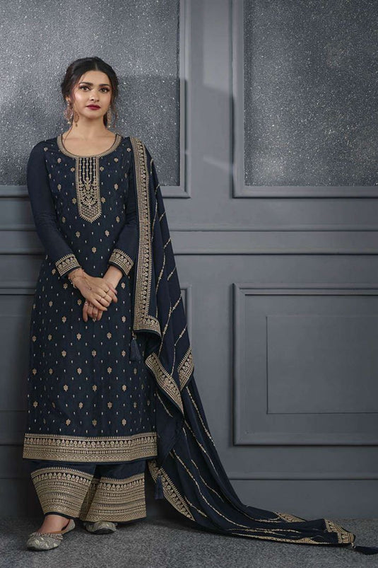 Prachi Desai Navy Blue Color Jacquard Fabric Appealing Palazzo Suit