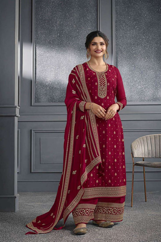 Prachi Desai Jacquard Fabric Wonderful Palazzo Suit In Maroon Color