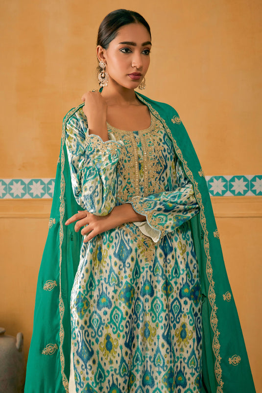 Sea Green Color Velvet Fabric Fancy Digital Print Function Wear Palazzo Salwar Kameez