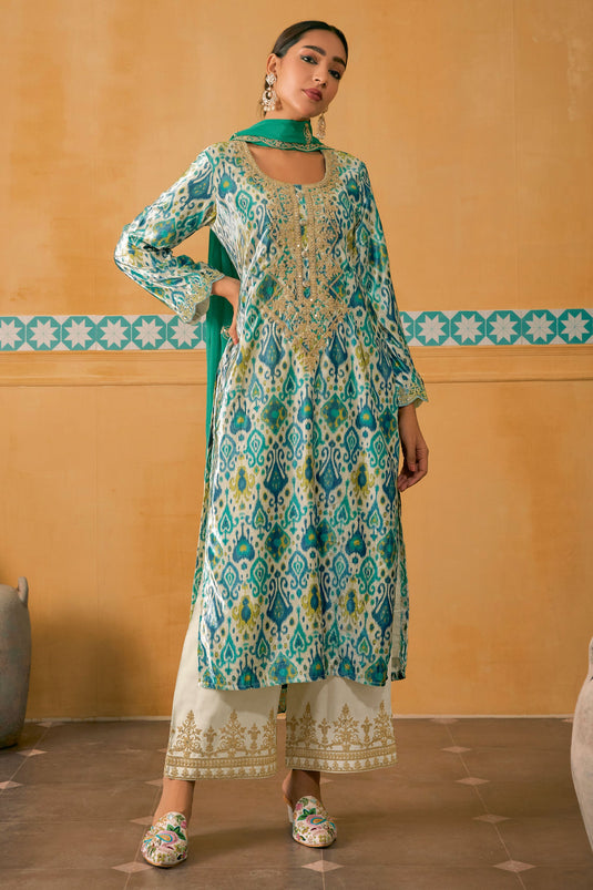 Sea Green Color Velvet Fabric Fancy Digital Print Function Wear Palazzo Salwar Kameez