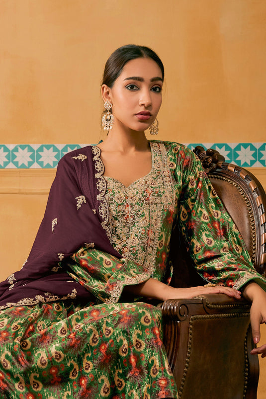 Velvet Fabric Digital Print Green Color Festive Wear Designer Salwar Suit