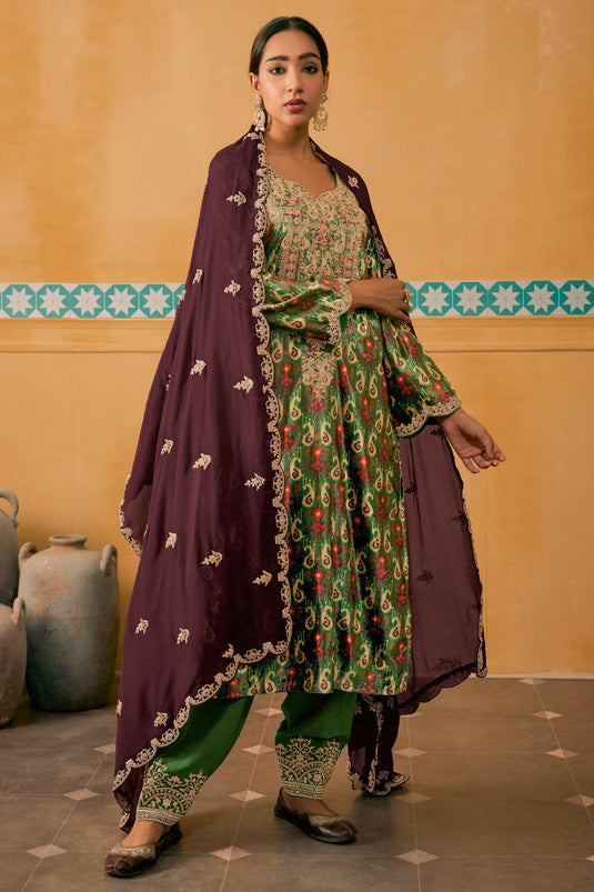 Velvet Fabric Digital Print Green Color Festive Wear Designer Salwar Suit