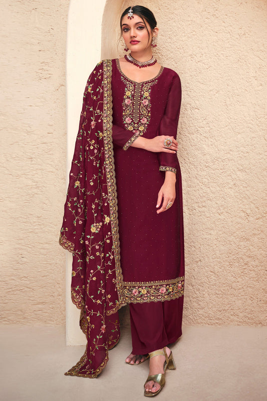 Maroon Faux Georgette Palazzo Suit