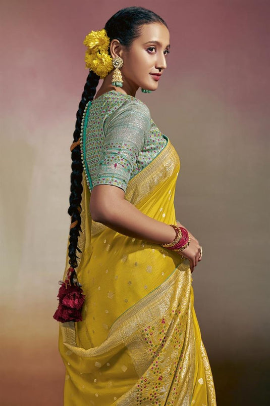 Viscose Fabric Yellow Color Charming Minakari Pallu Saree