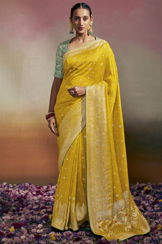 Viscose Fabric Yellow Color Charming Minakari Pallu Saree