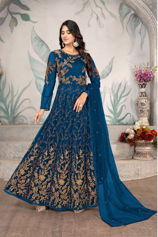 Blue Color Inventive Anarkali Suit For Function In Net Fabric