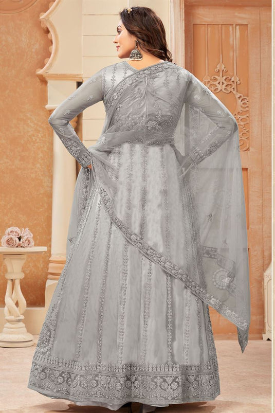 Stunning Grey Color Net Fabric Embroidered Anarklai Suit