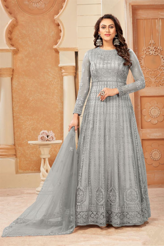 Stunning Grey Color Net Fabric Embroidered Anarklai Suit