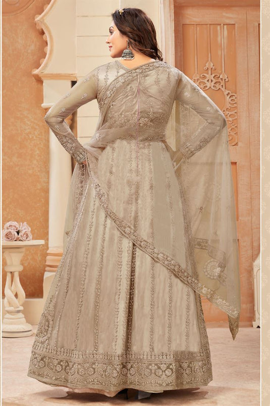 Radiant Beige Color Net Fabric Embroidered Anarklai Suit