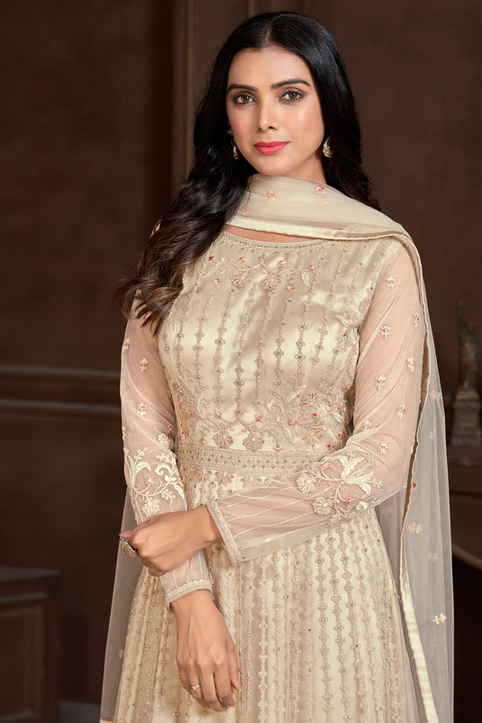 Net Fabric Cream Color Stylish Function Wear Readymade Anarkali Suit