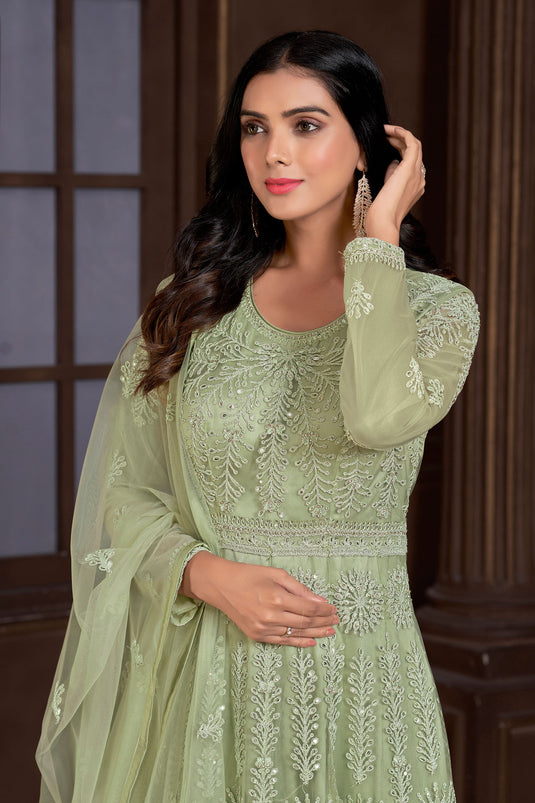 Febulous Function Wear Net Fabric Sea Green Color Readymade Anarkali Suit