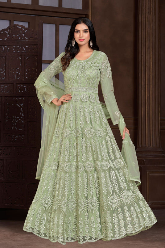 Febulous Function Wear Net Fabric Sea Green Color Readymade Anarkali Suit