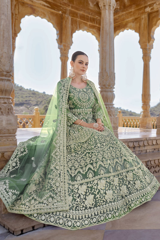 Heavy Net Fabric Embroidered Work On Sea Green Color Anarkali Suit