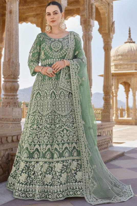 Heavy Net Fabric Embroidered Work On Sea Green Color Anarkali Suit
