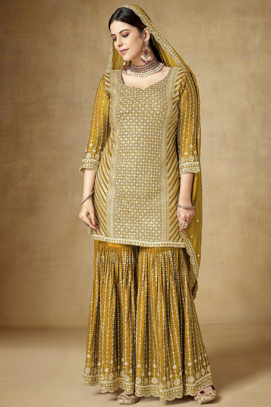 Mustard Color Festive Wear Embroidered Readymade Palazzo Salwar Suit In Chinon Fabric
