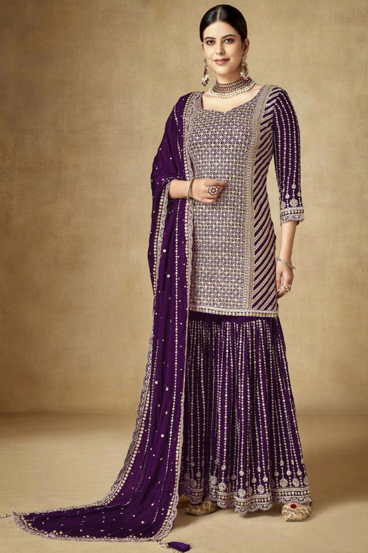 Function Wear Purple Color Embroidered Readymade Palazzo Suit In Chinon Fabric
