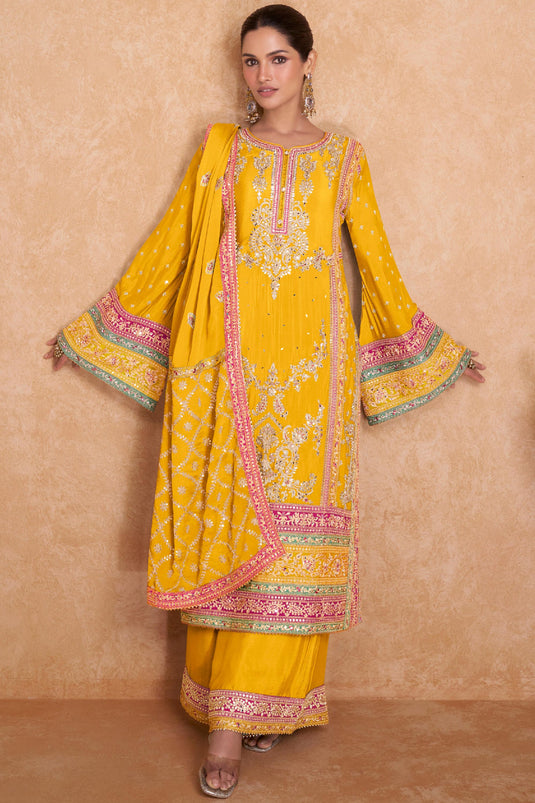 Delight Yellow Color Chinon Fabric Fancy Embroidered Readymade Palazzo Salwar Kameez