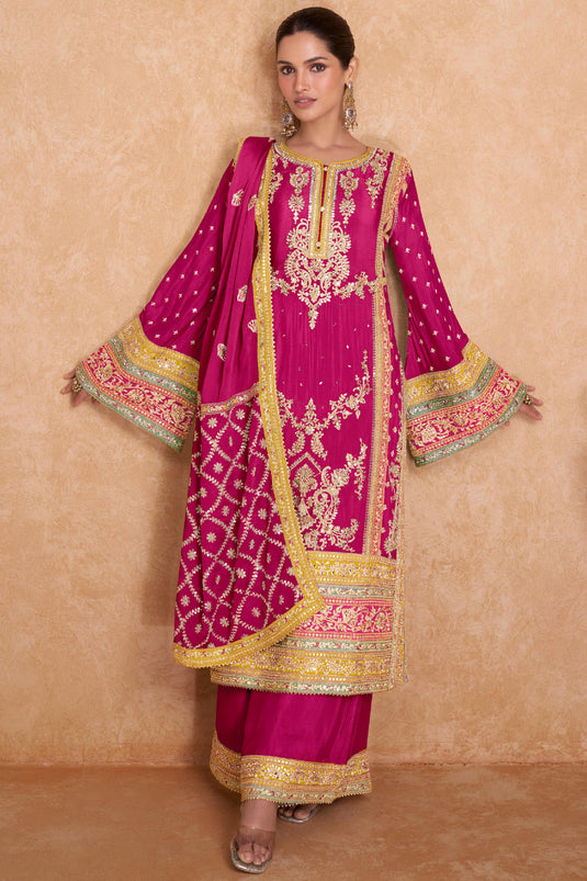 Chinon Fabric Embroidered Rani Color Readymade Palazzo Suit