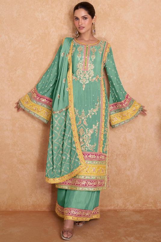 Sea Green Color Embroidered Readymade Palazzo Salwar Suit In Chinon Fabric