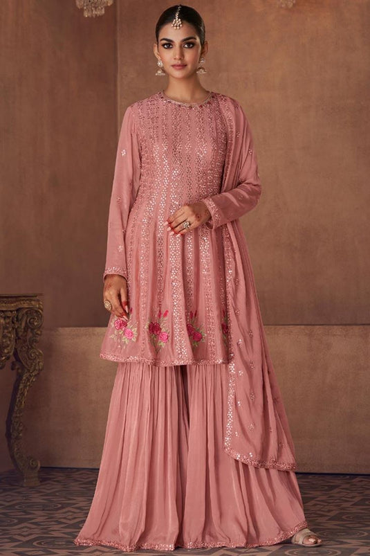 Embroidered Peach Georgette And Chinon Palazzo Suit In Function Wear