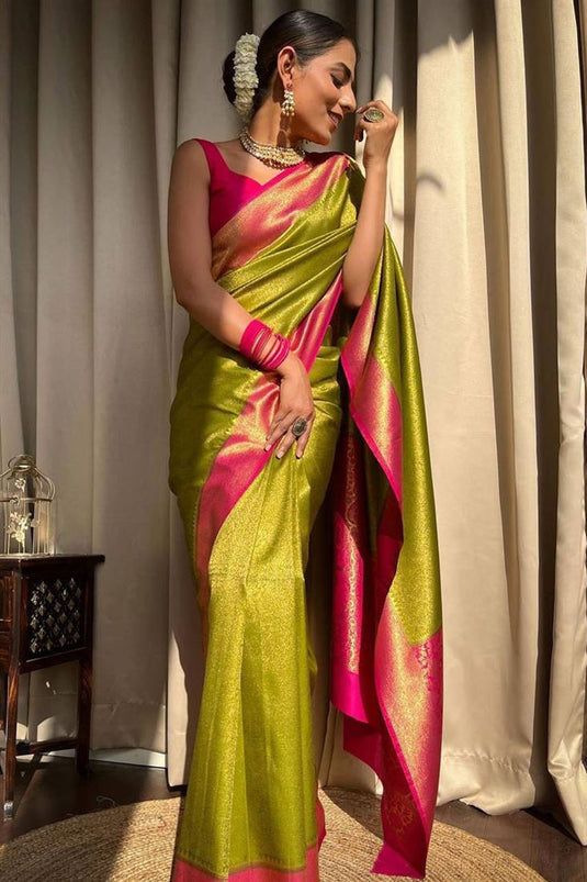 Embellished Copper Zari Weaving Olive Color Banarasi Silk Saree