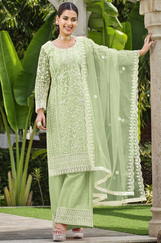 Function Wear Sea Green Color Inventive Palazzo Suit In Net Fabric