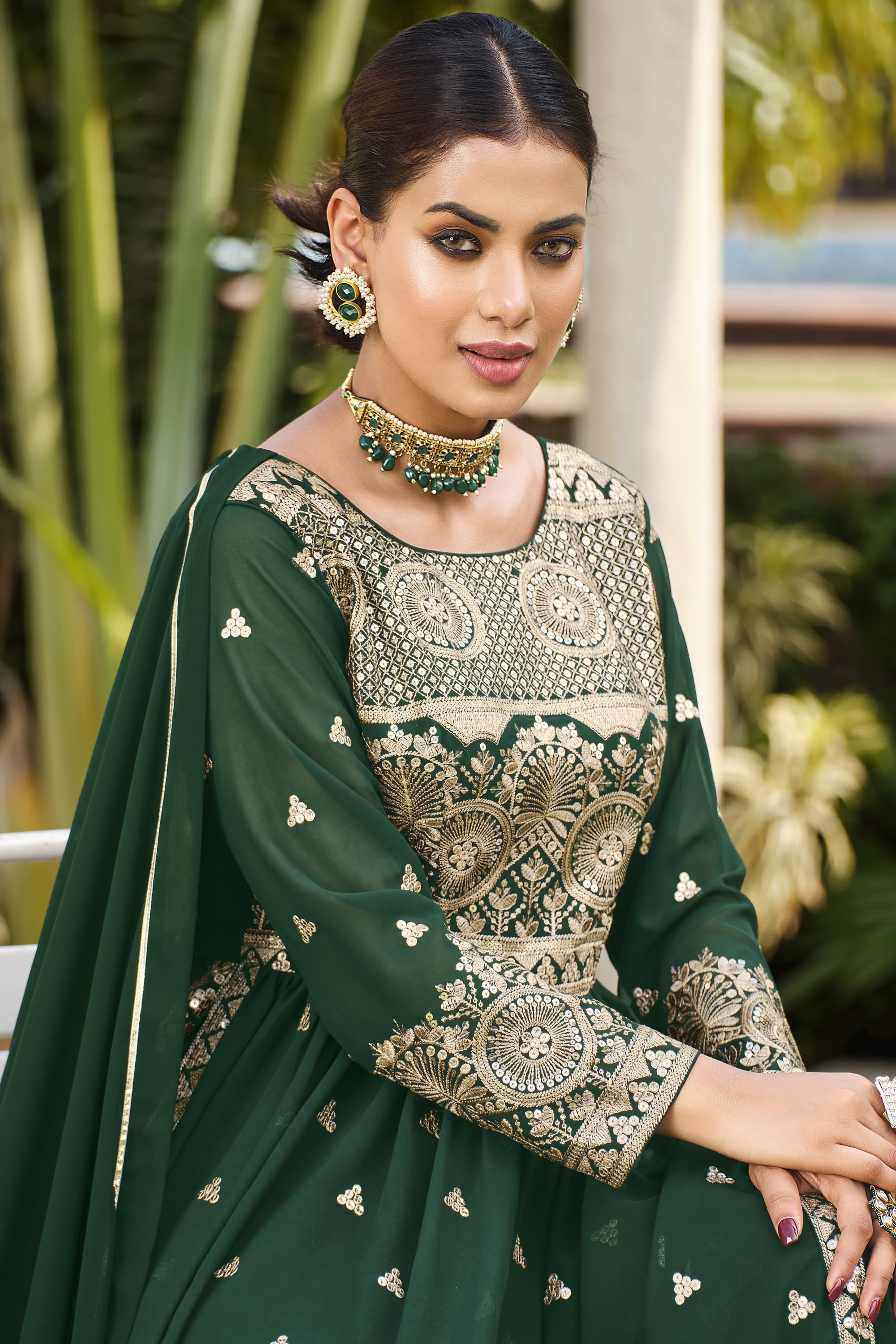 Dark Green Color Georgette Fabric Fancy Sequence Work Function Wear Re