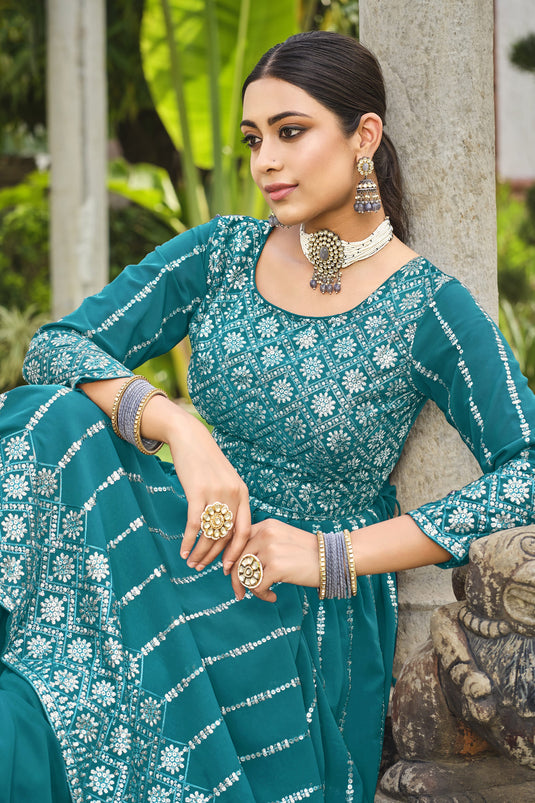 Georgette Fabric Cyan Color Festive Wear Sequence Work Readymade Palazzo Salwar Kameez