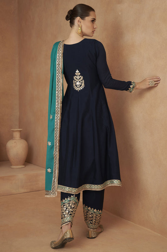 Navy Blue Color Embroidered Readymade Designer Salwar Kameez In Chinon Silk Fabric