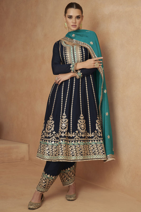 Navy Blue Color Embroidered Readymade Designer Salwar Kameez In Chinon Silk Fabric